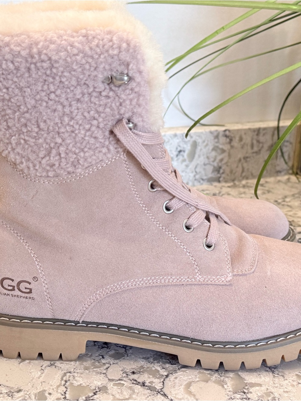 UGG Classic Lace-Up Shearling-Trim Boot in Light Pink